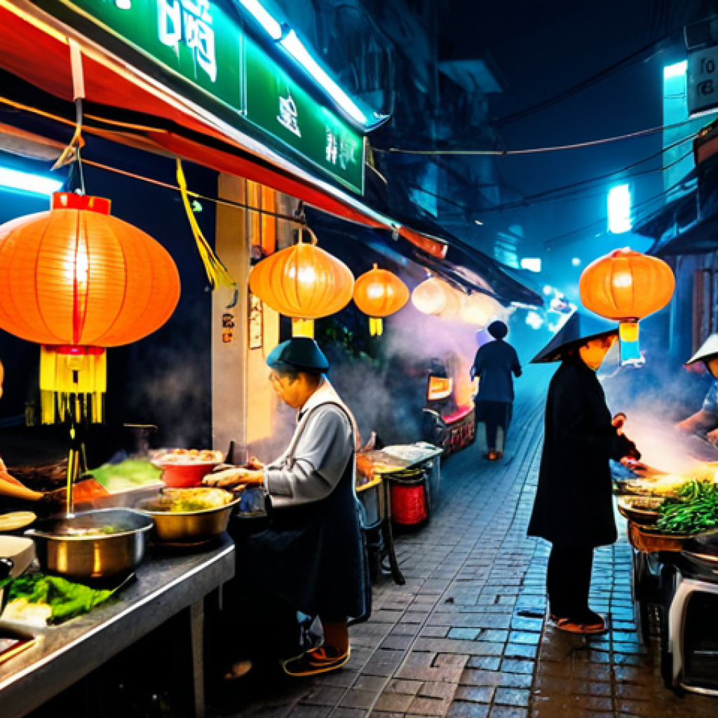**
A bustling Vietnamese street food market at night, Hanoi. Focus on a food vendor, female, middle-aged, wearing a traditional Ao Ba Ba and a non la (conical hat), selling pho. Steam rising from the broth, colorful lanterns illuminating the scene, happy customers in the background. High quality, detailed, realistic. safe for work, appropriate content, fully clothed, modest, professional.
**