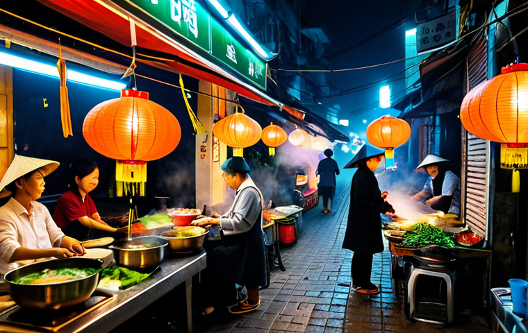 **
A bustling Vietnamese street food market at night, Hanoi. Focus on a food vendor, female, middle-aged, wearing a traditional Ao Ba Ba and a non la (conical hat), selling pho. Steam rising from the broth, colorful lanterns illuminating the scene, happy customers in the background. High quality, detailed, realistic. safe for work, appropriate content, fully clothed, modest, professional.
**