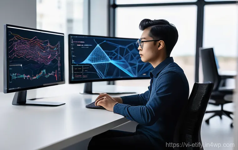 전이 학습의 데이터 증강 기법 - **Prompt:** "A young, diverse AI developer, wearing a smart casual outfit, sits intently at a clean,...